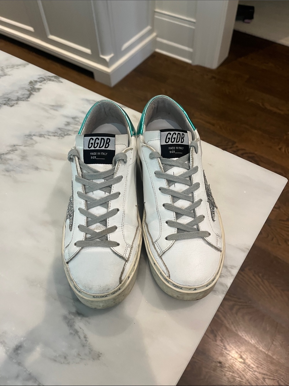 Golden Goose White Sneakers with Silver Glitter Star and Teal Heel - Picture 4 of 7